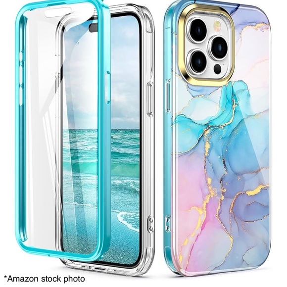 New iPhone 12 Pro Max Marble Phone Case w/ Screen Protector – Turquoise & Gold - Picture 1 of 11